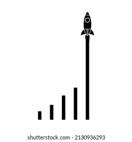 Silhouette chart chart up. growth chart icon, to ze moon. Business and price growth success chart, isolated on white background. rocket takeoff, statistics, data, infographics. Vector illustration