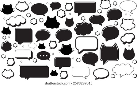 Silhouette Chat Box Set with Blank Speech Bubbles, Cat Face Cloud Bubble, cat box speech bubbles, blank chat balloons, and Empty Dialogue Balloon conversation message comic icon