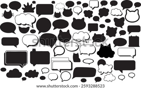 Silhouette Chat Box Set with Blank Speech Bubbles, Cat Face Cloud Bubble, Cat Box Speech Balloons, Empty Dialogue Balloons, and Conversation Message Comic Icons.