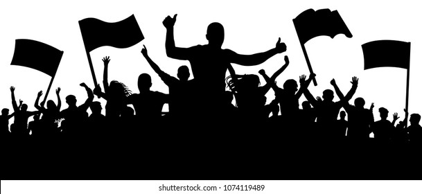 Silhouette cheer crowd people. Audience cheering applause, clapping. Cheerful sports fan. Mob soccer banner. Party music concert. Isolated vector