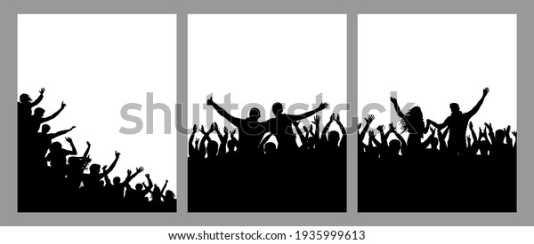 Silhouette of cheerful crowd people,\
vertical posters, set. Fun people on party or holiday or concert,\
sport fans. Vector\
illustration