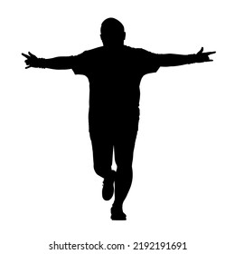 Silhouette of Cheerful young fat man running to the finish line, vector