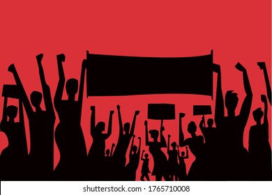 Silhouette of cheering demonstrators with placard and banners