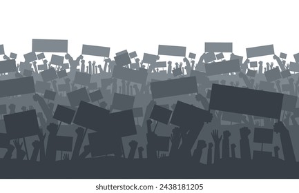 Silhouette of cheering or protesting crowd with flags and banners. Protest, revolution, conflict. Vector illustration