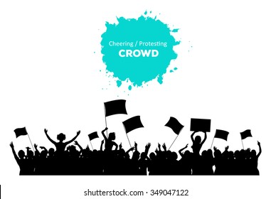 A silhouette of cheering or protesting crowd with flags and banners
