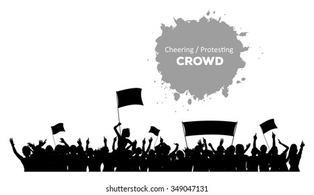 A silhouette of cheering or protesting crowd with flags and banners.