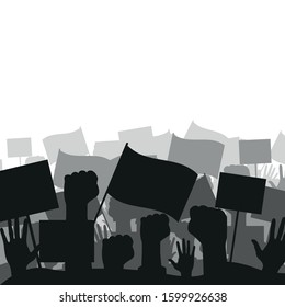 The silhouette of a cheering or rioting crowd with flags and banners. Simple vector illustration.
