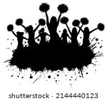 Silhouette of cheerleaders with pompoms and grunge blots, elements. Cheerleading sport. Vector illustration