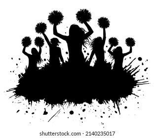 Silhouette of cheerleaders with pompoms and grunge blots, elements. Cheerleading sport. Vector illustration