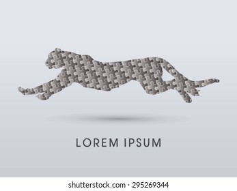 Silhouette Cheetah, Panther, design using black jigsaw puzzle, graphic vector.