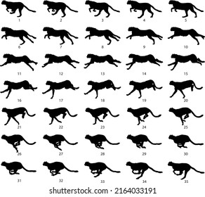 Silhouette cheetah running steps for animation (vector)
