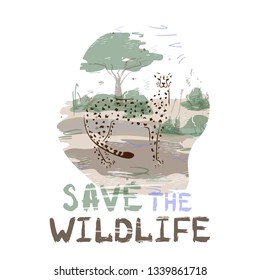 Silhouette of a cheetah in the savannah. Flat style, vector illustration. Lettering. Save the wildlife. Ecology,enviroment protection.
