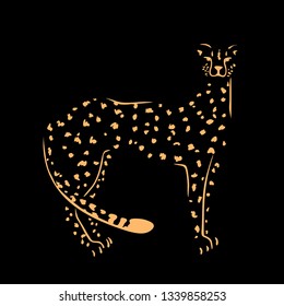 Silhouette of cheetah,gold on a black background. Vector illustration, hand drawn.