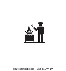 Silhouette of a chef cooking food on a stove, symbolizing culinary skills and passion. Ideal for representing gastronomy, kitchen, and cooking concepts in a minimalist design.