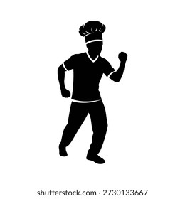 Silhouette of a chef in a dynamic pose wearing a tall chef's hat and uniform