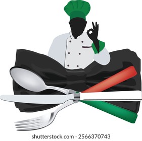 Silhouette of chef with green hat gesturing ok, cutlery with italian flag colors and bow tie, representing italian cuisine excellence