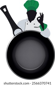 Silhouette of chef with green hat making okay sign behind frying pan with handle