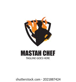 Silhouette chef holding butcher knife with fire background logo design