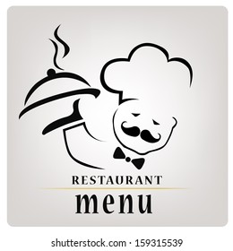 silhouette of a chef with a hot dish composed only by lines with text for menu design