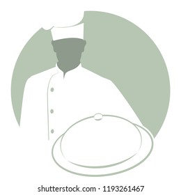 Silhouette of chef with a kitchen hat carrying a covered tray