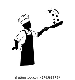 Silhouette of a chef in uniform and apron flipping food in a frying pan with a flourish.