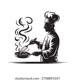 Silueta de un chef en uniforme y sombrero, cocinando en una sartén con vapor subiendo, representada en un estilo de boceto en blanco y negro.