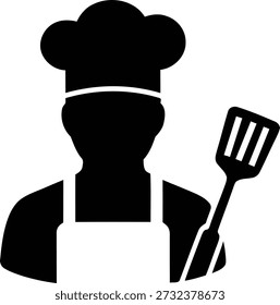 A silhouette of a chef wearing a toque (hat) and holding a spatula, representing culinary expertise and cooking.