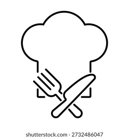 Silhouette of a chefs hat with crossed fork and knife. Restaurant icon. Editable stroke