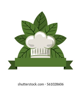 silhouette of chefs hat rounded with leaves and ribbon