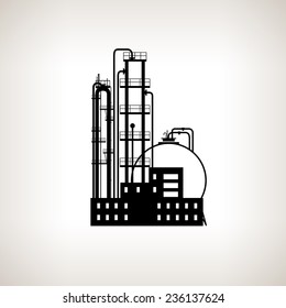 Silhouette of a chemical factory or refinery processing of natural resources, or a plant for the manufacture of products  on a light background. Chemical factory  for industrial and technology design