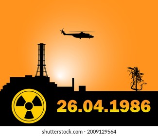 silhouette of the Chernobyl nuclear power plant on an orange background with a helicopter