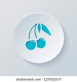 Silhouette of cherry with leaves, nature icon. Cut circle with gray and blue layers. Paper style