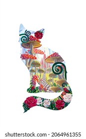 Silhouette of Cheshire cat on white background and wonderland fantastic landscape with mushrooms, beautiful old castle, red and white roses and butterflies.
illustration to fairytale Wonderland