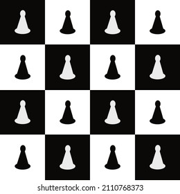 silhouette of chess figure symbol, white and black pieces on chessboard. seamless pattern vector illustration isolated background. fabric, textile, wallpaper. game concept