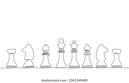 Silhouette chess figures. One line continuous concept banner sport. Outline, line art, vector illustration.