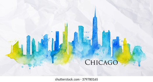 Silhouette of Chicago city painted with splashes of watercolor drops streaks landmarks in blue with yellow