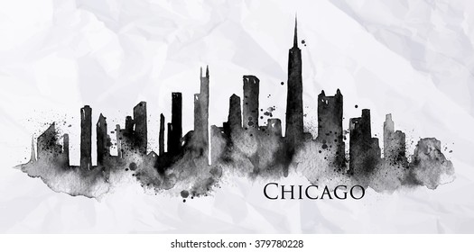 Silhouette of Chicago city painted with splashes of ink drops streaks landmarks drawing on crumpled paper