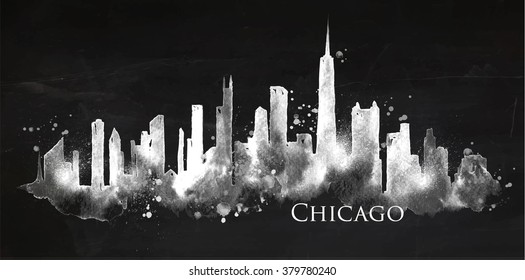 Silhouette of Chicago city painted with splashes of chalk drops streaks landmarks drawing on blackboard