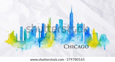 Silhouette of Chicago city painted with splashes of watercolor drops streaks landmarks in blue with yellow