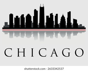 Silhouette of the Chicago skyline with a reflection in the lower part and a red line separating the silhouette and its reflection.
