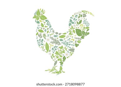 A silhouette of a chicken composed of herb patterns.