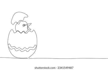 Silhouette of chicken in egg. One line continuous concept banner with symbol Easter. Outline, line art, vector illustration.