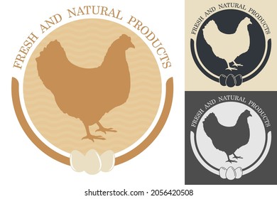 Silhouette of chicken inside circle. Embelm, badge for farm or organic chicken meat. Farm bird. Vector isolated on white background