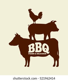 Silhouette Of Chicken, Pig  And Cow With Bbq Word. Vector Illustration