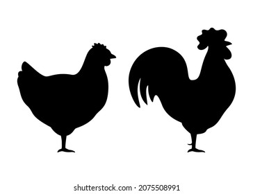 Silhouette of chicken and rooster animal, black contour farm hen. Household bird farm. Vector illustration