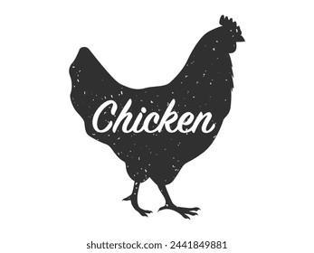 Silueta de un pollo con un texto, vista lateral. Ilustración vectorial aislada sobre fondo blanco