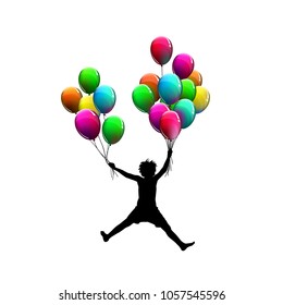 Silhouette of child with balloons. Vector