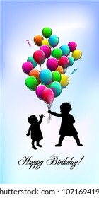 Silhouette of child with balloons. Vector
