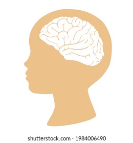 Silhouette of a child with a brain shape isolated on white background. Vector illustration
