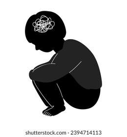 Silhouette of a child do hands hugging knees with stress and depression symbol.	